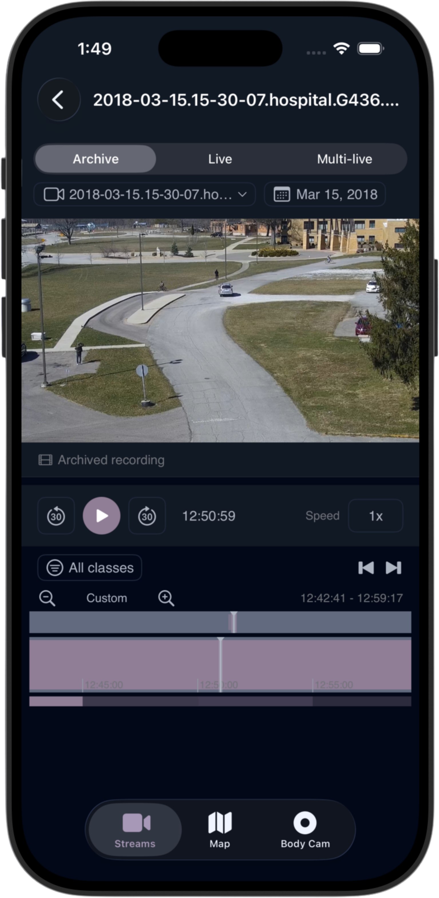 Vantage Field archive playback with Archive, Live, and Multi-live tabs, a video player, and a coverage timeline scrubber