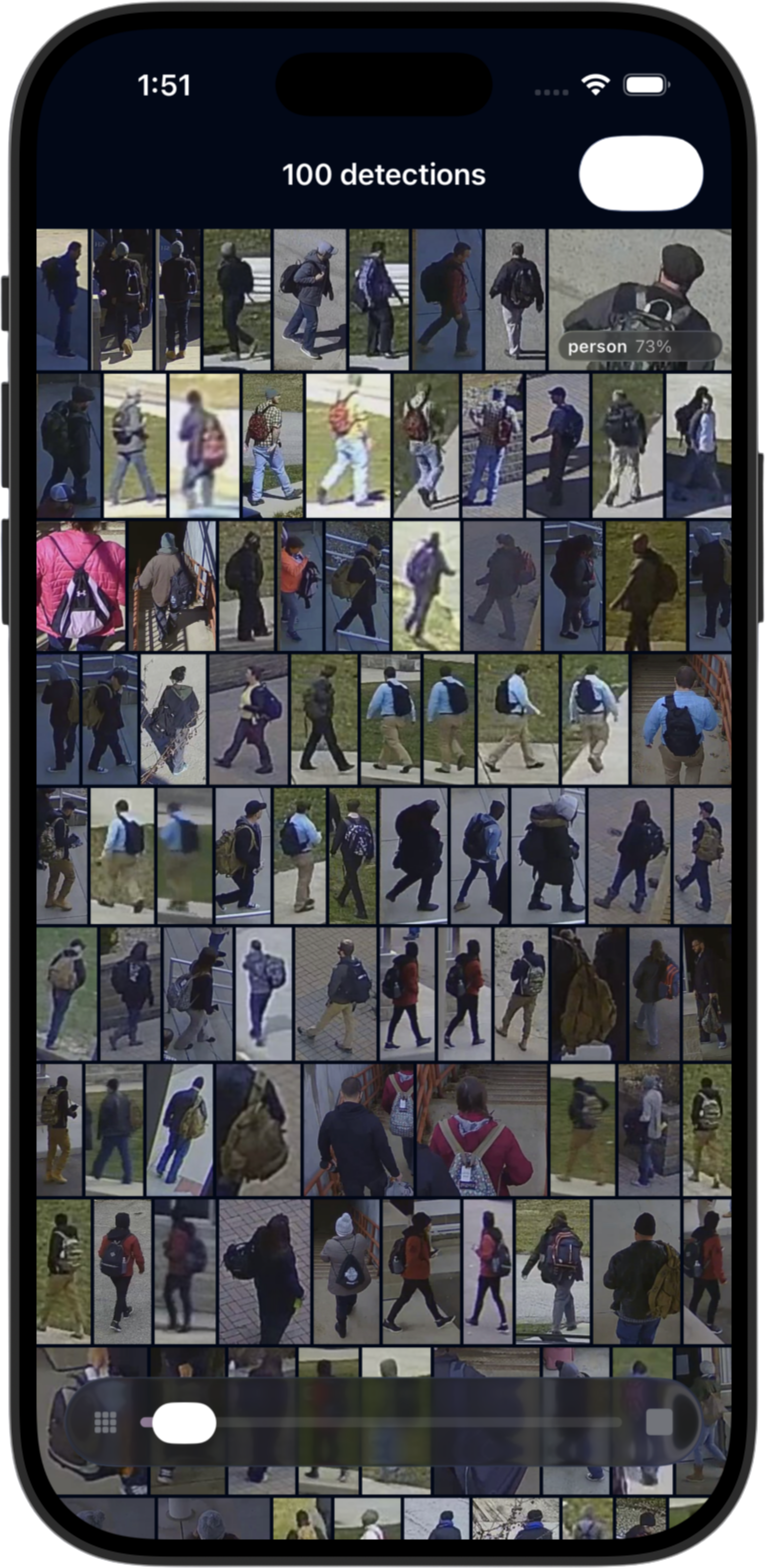 Vantage Field detections grid showing 100 ranked person detections as cropped thumbnails with confidence labels
