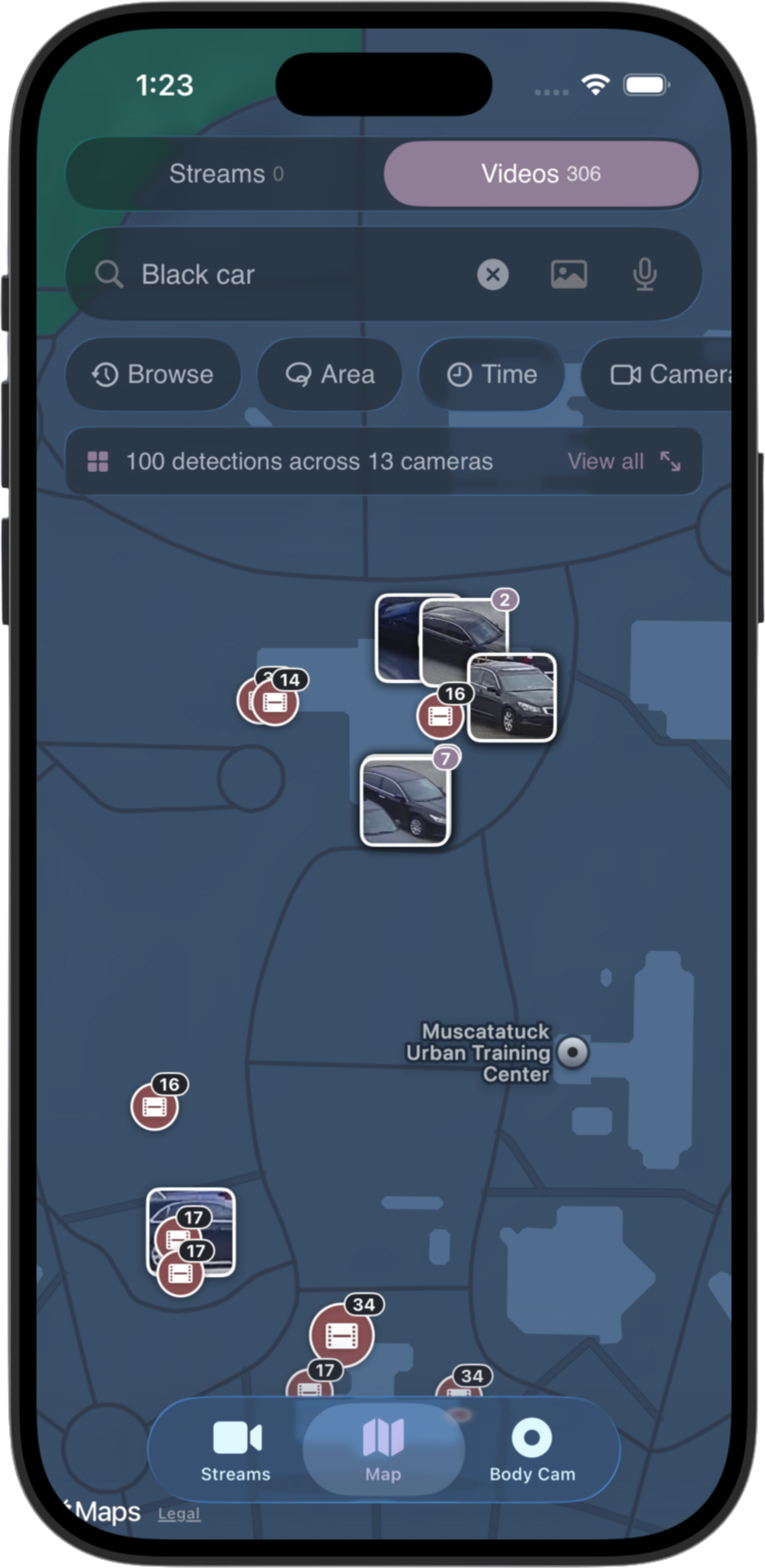 Vantage Field search for 'Black car' with matches clustered on the map and a '100 detections across 13 cameras' banner