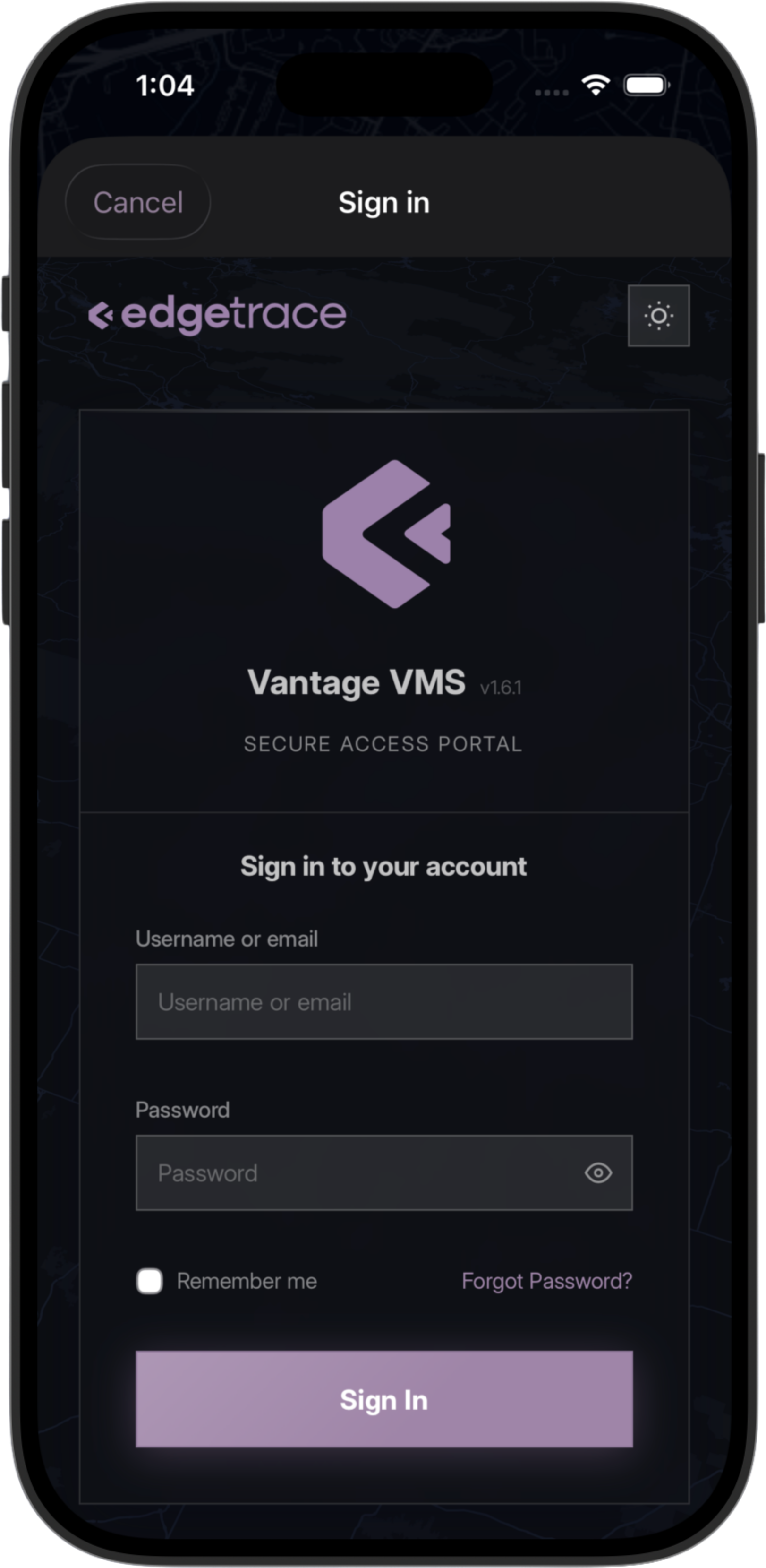 Vantage Field secure access portal sign-in screen for Vantage VMS