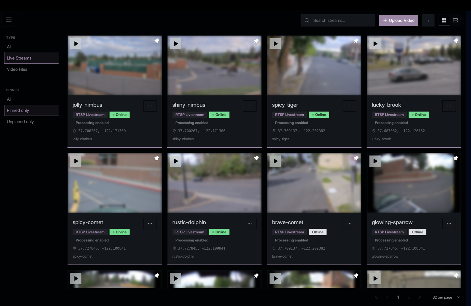 Camera fleet inventory showing all connected streams and online status